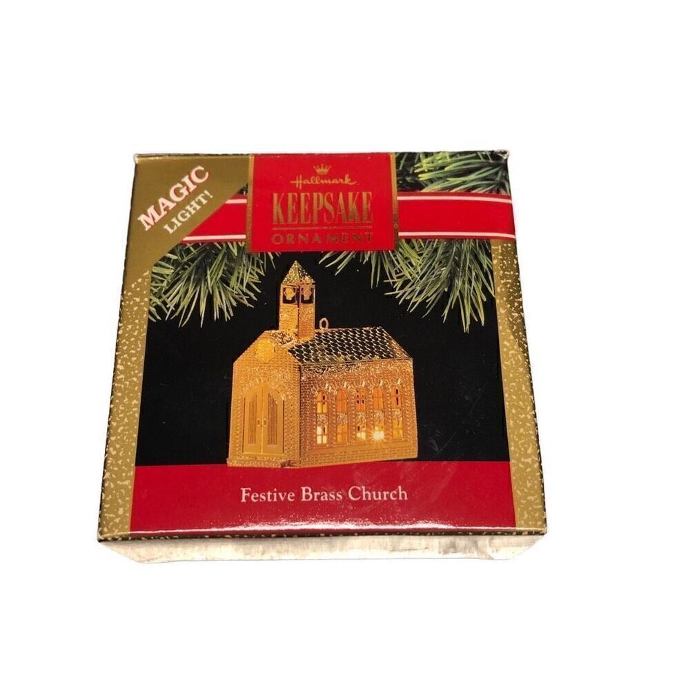 Hallmark Magic Light Festive Brass Church Ornament NWT